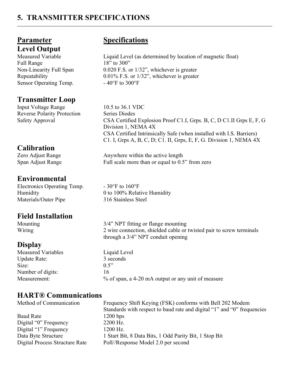 Transmitter specifications, Parameter specifications level output, Transmitter loop | Calibration, Environmental, Field installation, Display, Hart® communications | Kenco Engineering KMD Transmitter User Manual | Page 5 / 13
