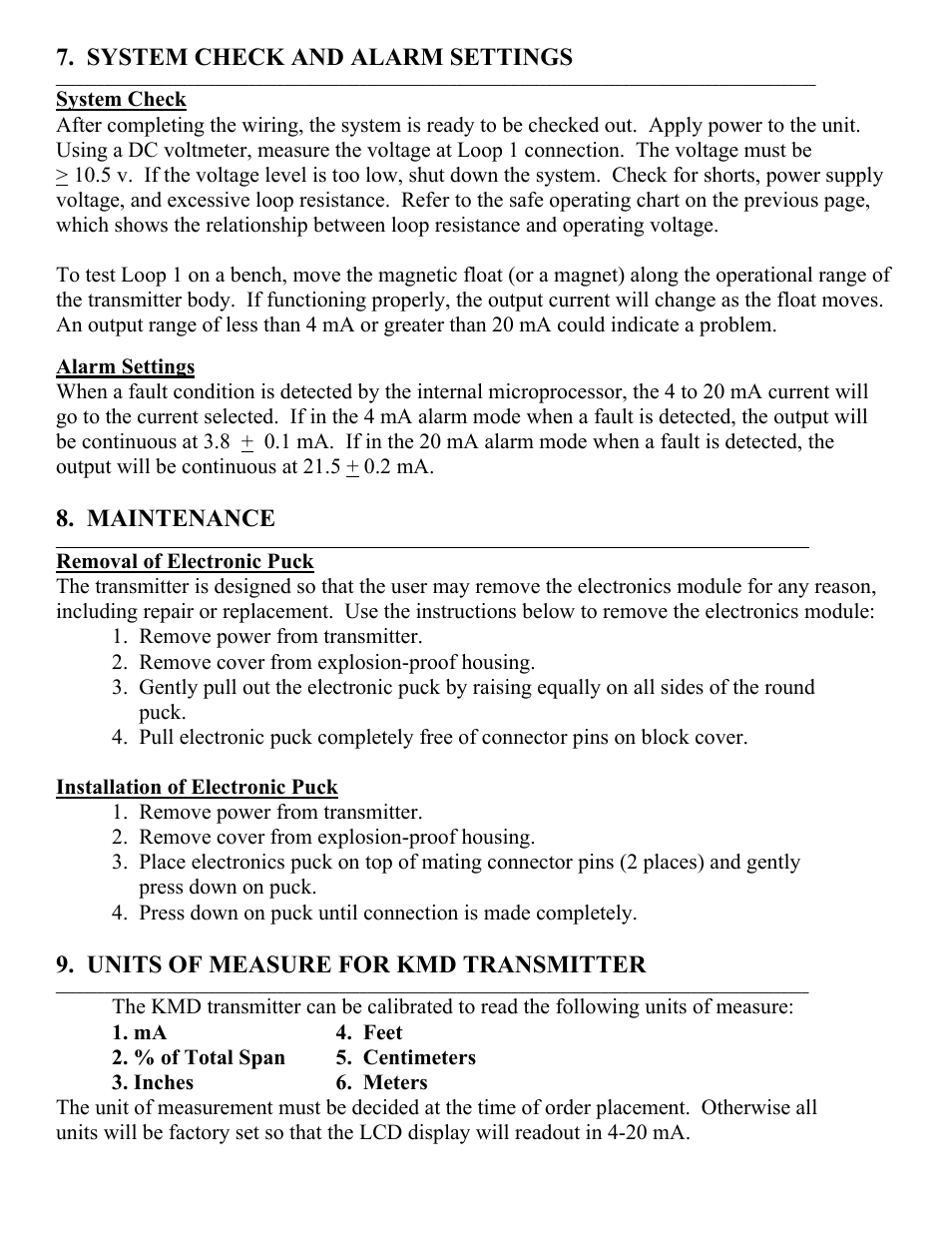 System check and alarm settings, Maintenance, Units of measure for kmd transmitter | Kenco Engineering KMD Transmitter User Manual | Page 9 / 13