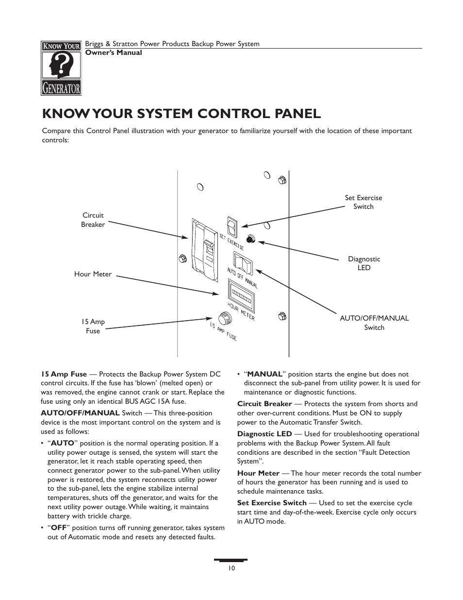 Know your system control panel | Briggs & Stratton 1535-1 User Manual | Page 10 / 44