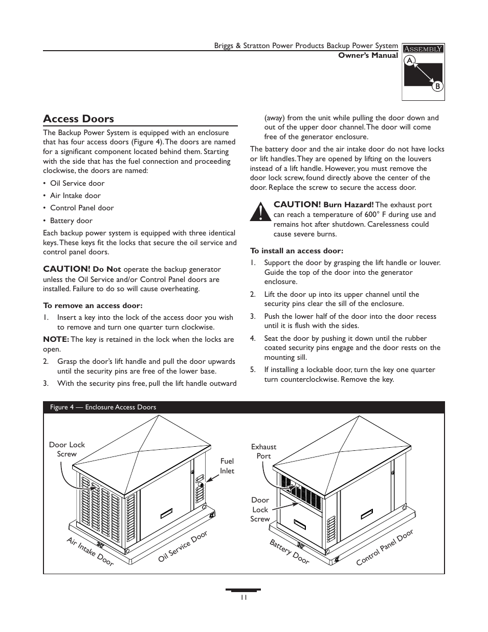 Access doors, To remove an access door, To install an access door | Briggs & Stratton 1535-1 User Manual | Page 11 / 44