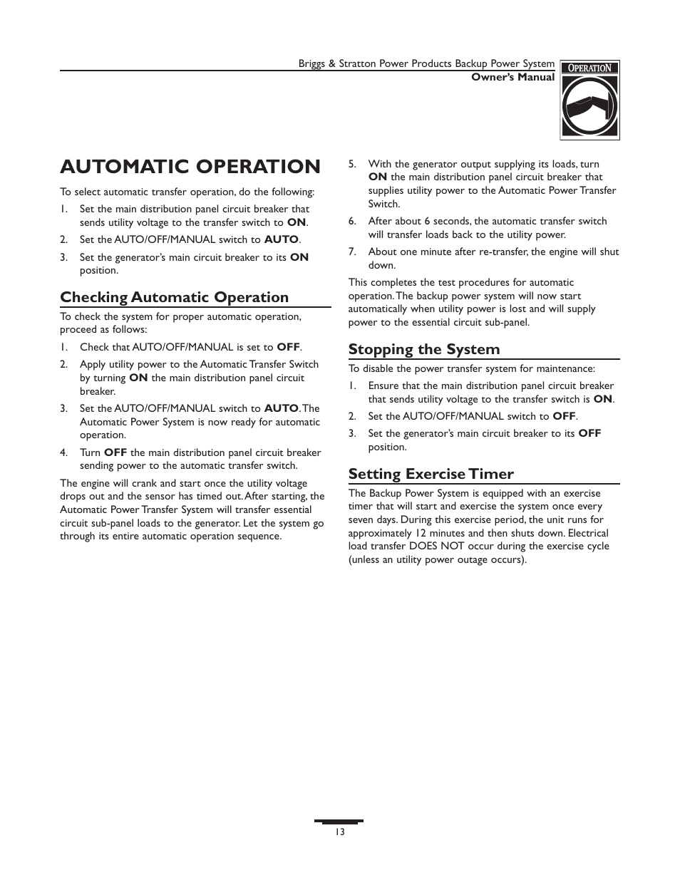 Automatic operation, Checking automatic operation, Stopping the system | Setting exercise timer, Generator, Engine, Maintenance, Storage | Briggs & Stratton 1535-1 User Manual | Page 13 / 44