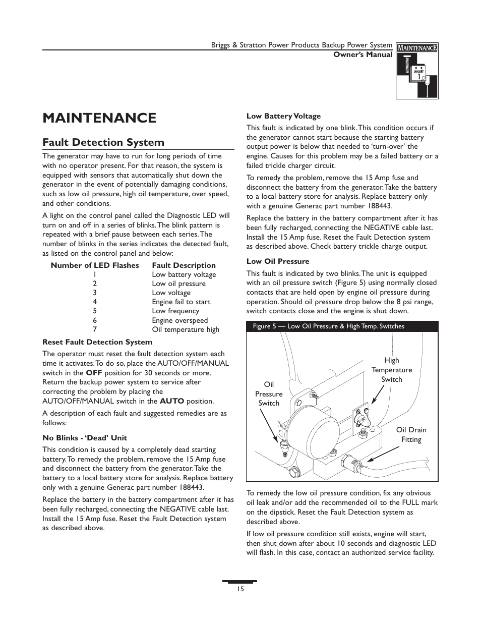 Maintenance, Fault detection system, Reset fault detection system | No blinks - ‚dead™ unit, Low battery voltage, Low oil pressure, Spark arrester screen, Engine governed speed | Briggs & Stratton 1535-1 User Manual | Page 15 / 44