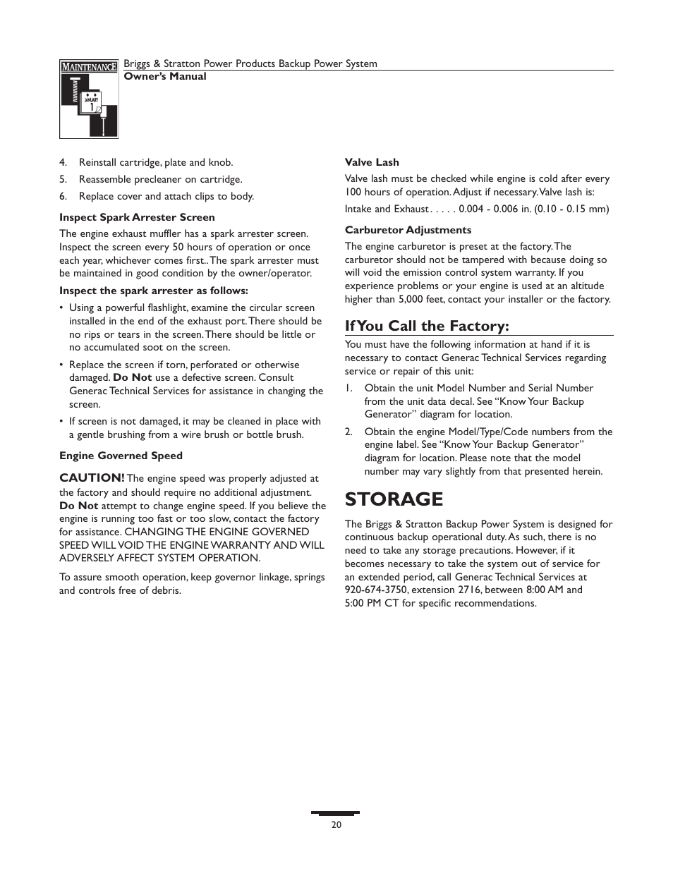 Inspect spark arrester screen, Engine governed speed, Valve lash | Carburetor adjustments, If you call the factory, Storage | Briggs & Stratton 1535-1 User Manual | Page 20 / 44