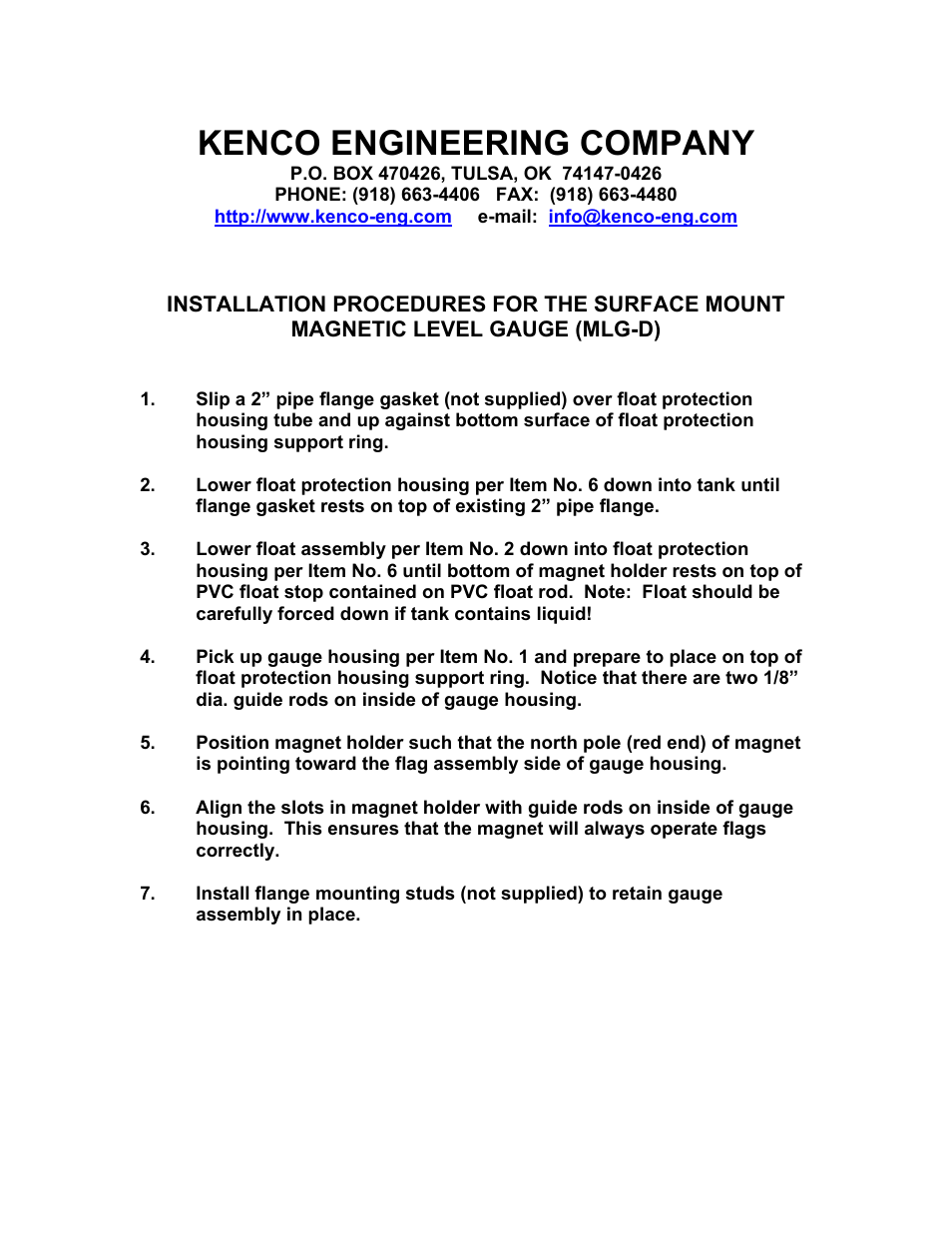 Kenco Engineering Magna-Site Magnetic Level Gauge (MLG-D) User Manual | 1 page