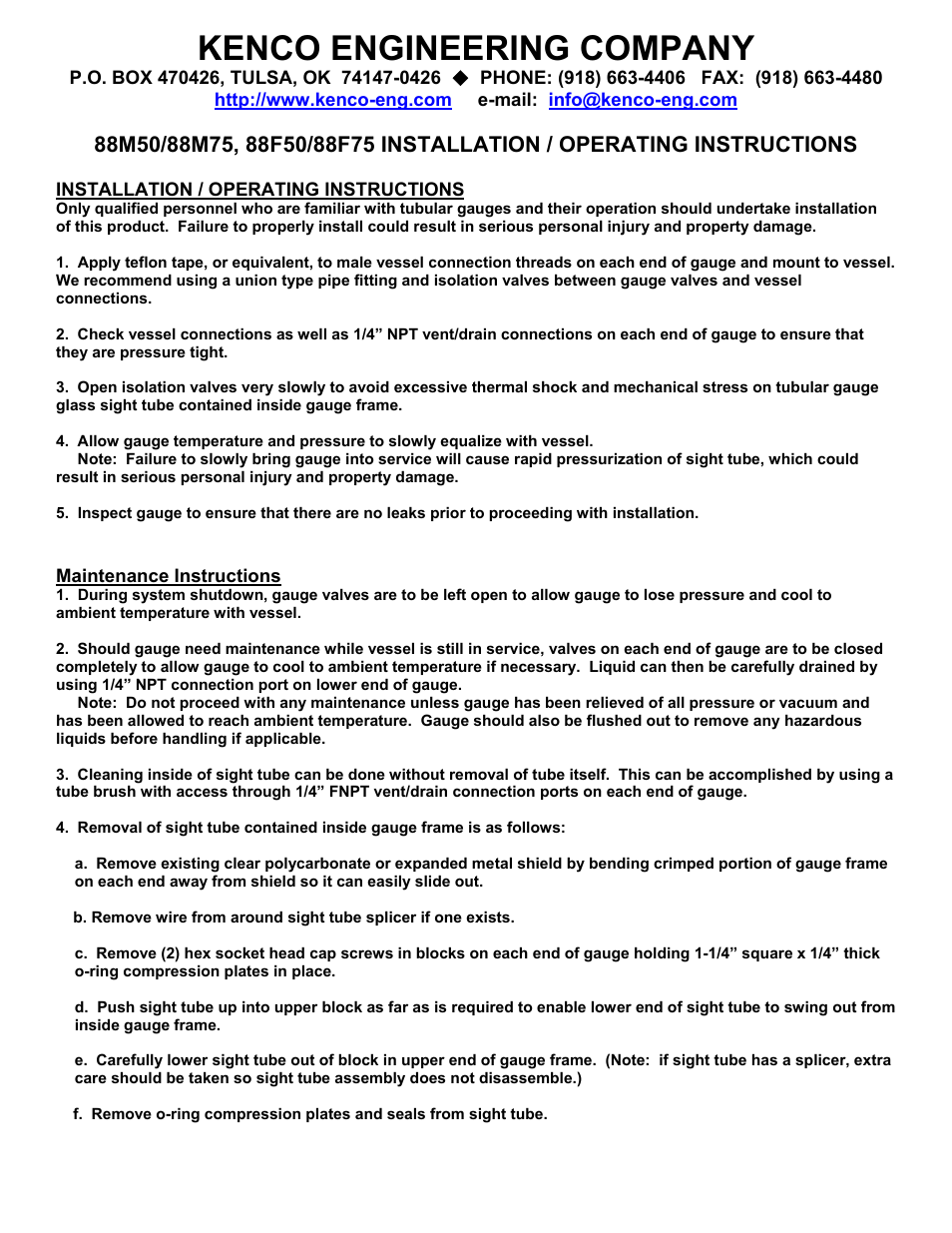 Kenco Engineering 8800 Series Level Gauge User Manual | 2 pages