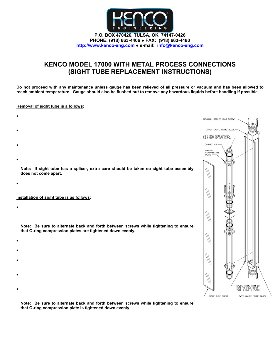 Kenco Engineering 17000 Sight Tube Replacement User Manual | 1 page