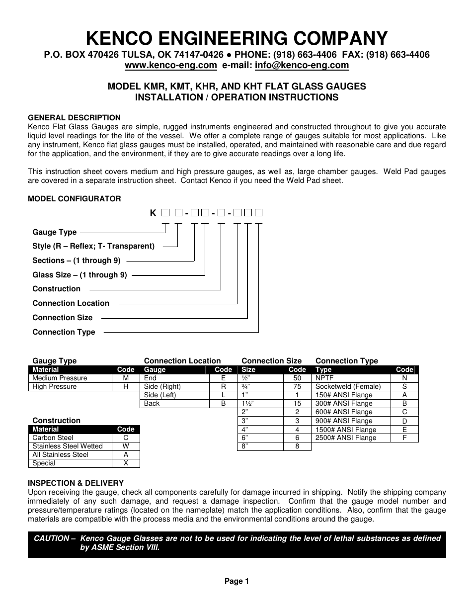 Kenco Engineering Flat Glass Level Gauge User Manual | 4 pages