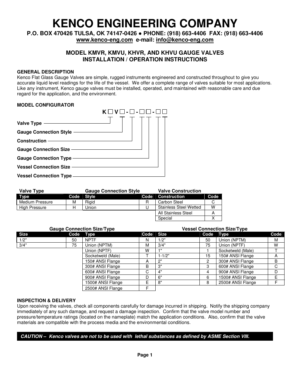 Kenco Engineering Flat Glass Gauge Valve User Manual | 4 pages