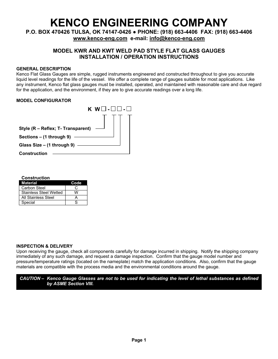 Kenco Engineering Weld Pad Flat Glass Level Gauge User Manual | 4 pages