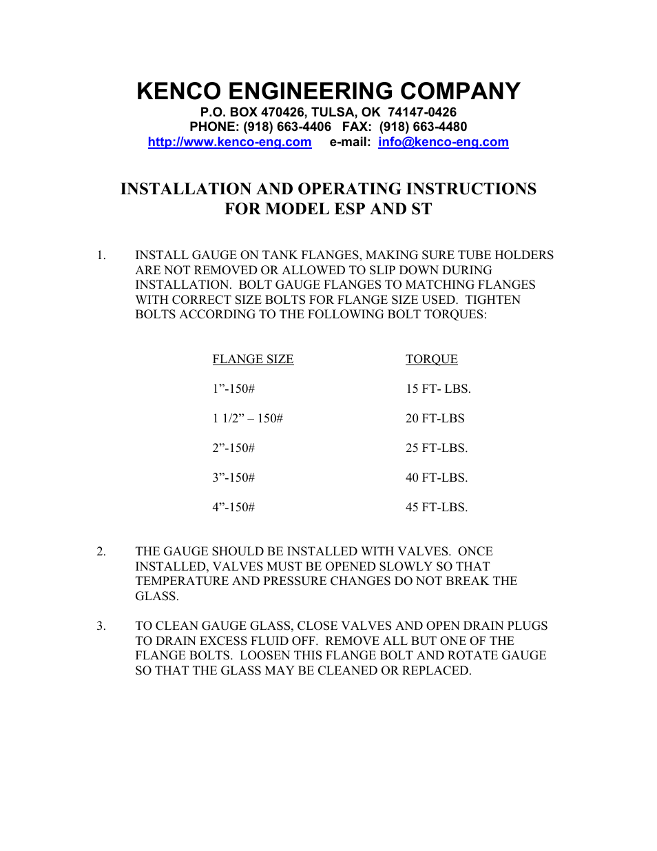 Kenco Engineering ST Series Level Gauge User Manual | 2 pages