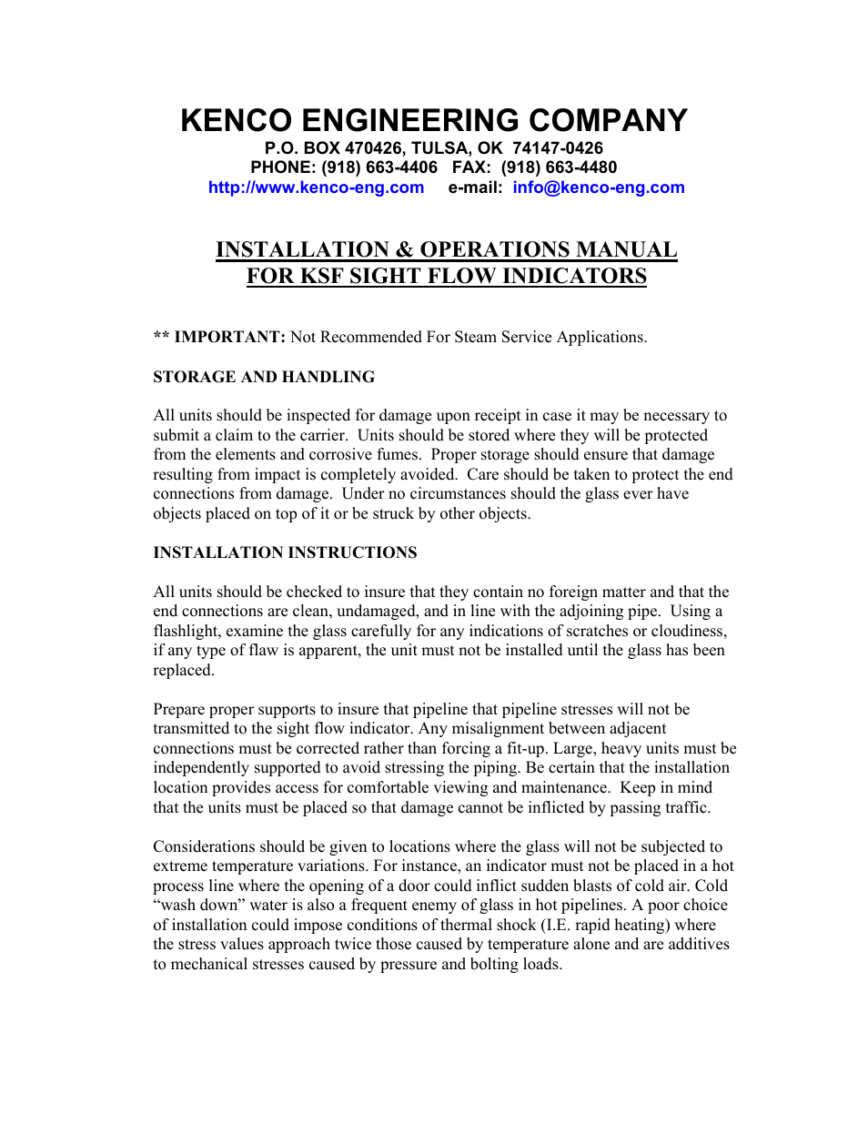 Kenco Engineering KSF Sight Flow Indicator User Manual | 4 pages