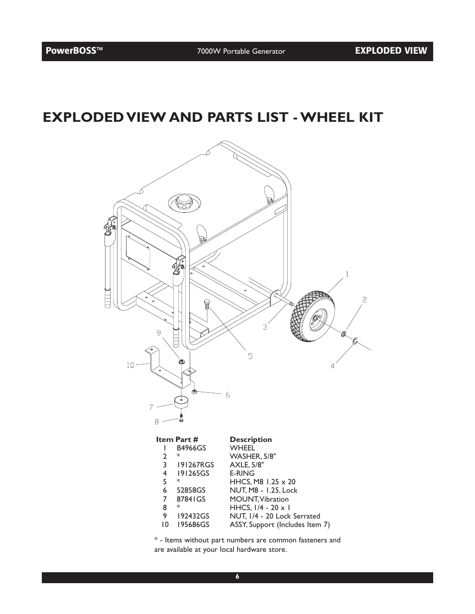 Exploded view and parts list - wheel kit | Briggs & Stratton PowerBoss 30220 User Manual | Page 6 / 6