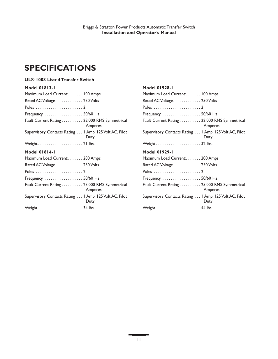 Specifications | Briggs & Stratton 01929-1 User Manual | Page 11 / 44