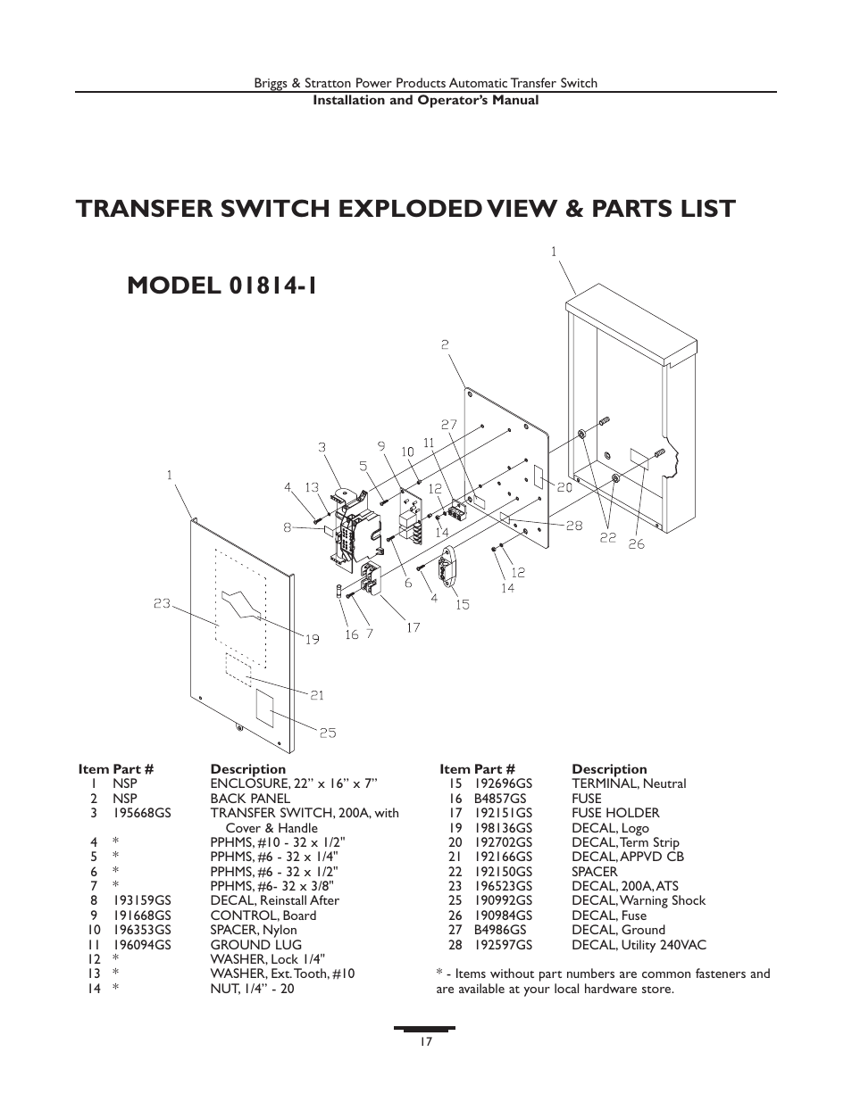 Transfer switch exploded view & parts list | Briggs & Stratton 01929-1 User Manual | Page 17 / 44