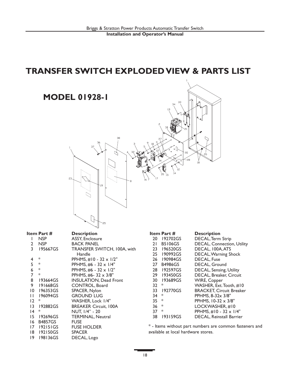 Transfer switch exploded view & parts list | Briggs & Stratton 01929-1 User Manual | Page 18 / 44
