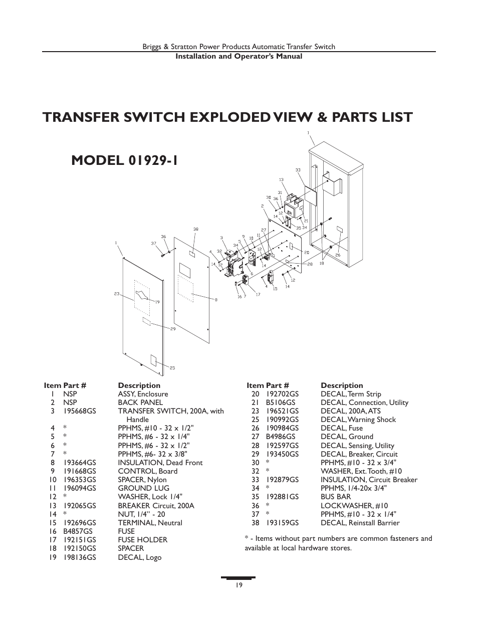 Transfer switch exploded view & parts list | Briggs & Stratton 01929-1 User Manual | Page 19 / 44