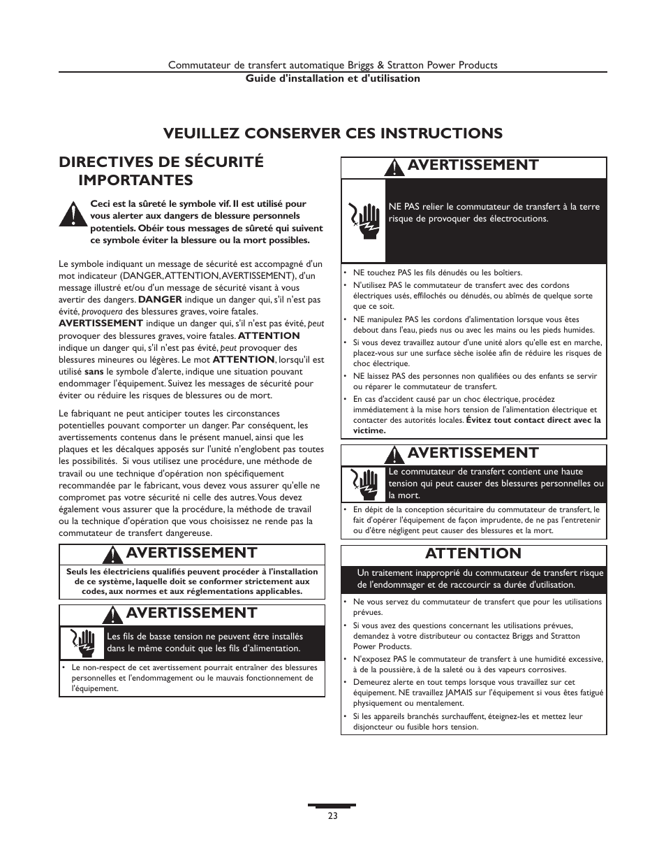 Directives de sécurité importantes, Veuillez conserver ces instructions, Avertissement | Attention | Briggs & Stratton 01929-1 User Manual | Page 23 / 44