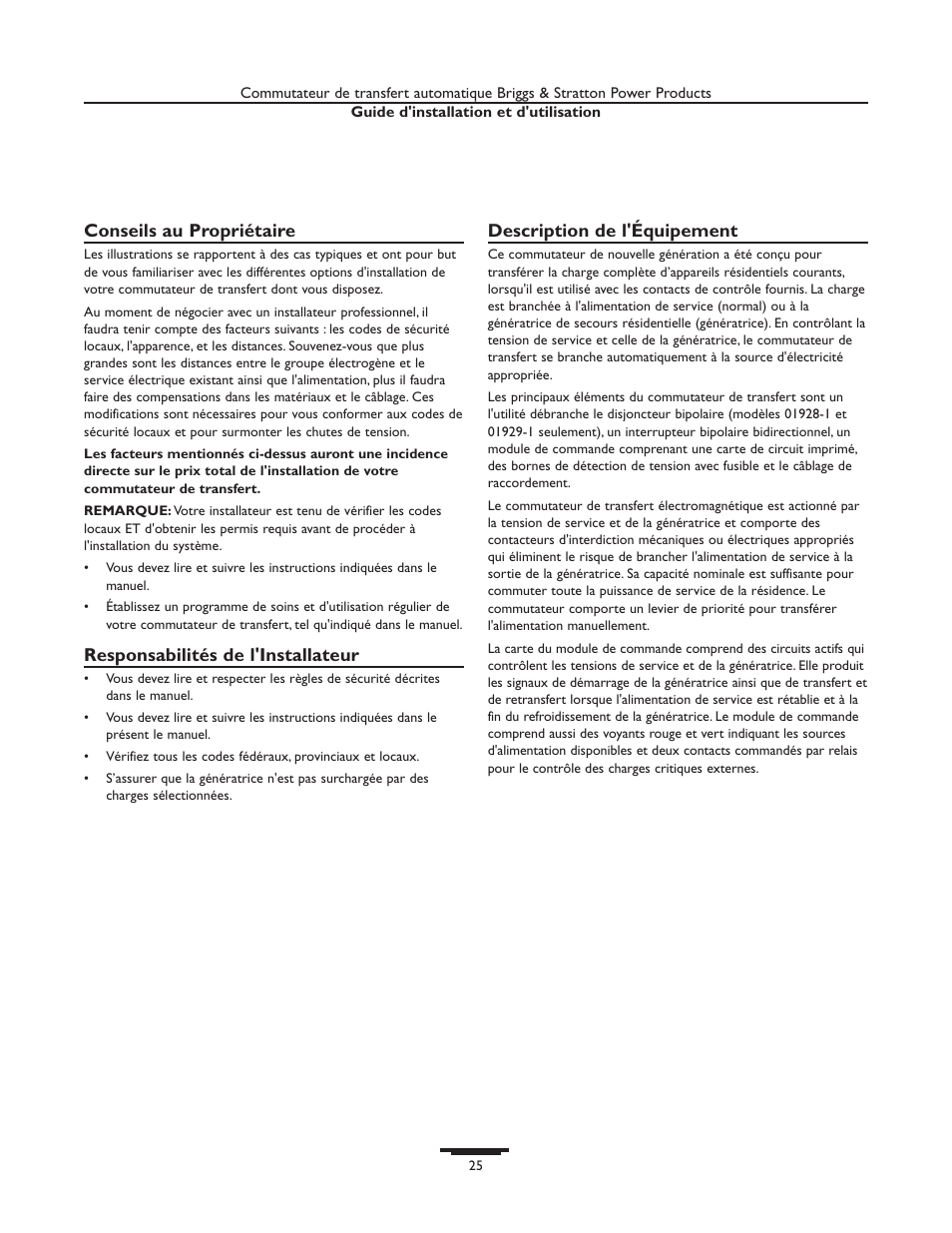 Conseils au propriétaire, Responsabilités de l'installateur, Description de l'équipement | Briggs & Stratton 01929-1 User Manual | Page 25 / 44