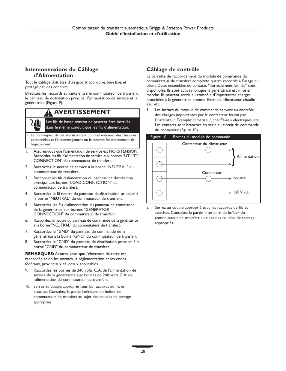 Avertissement, Interconnexions du câblage d'alimentation, Câblage de contrôle | Briggs & Stratton 01929-1 User Manual | Page 28 / 44