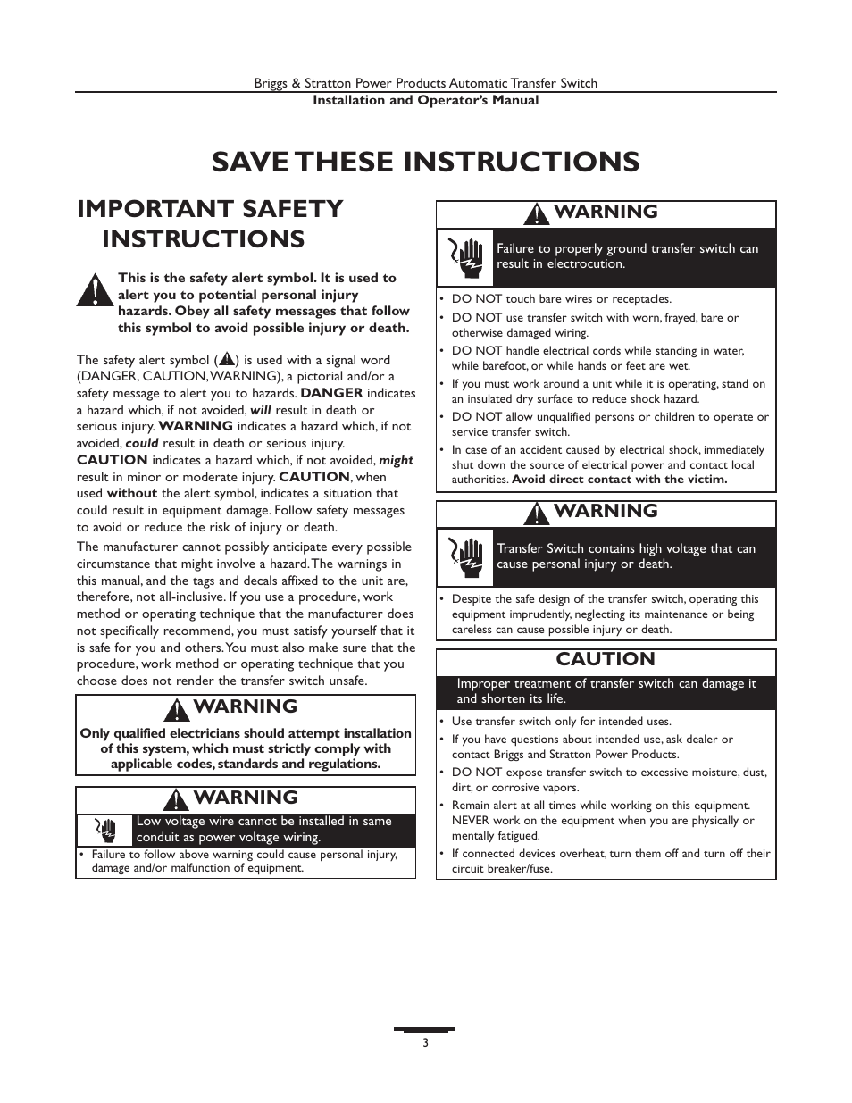Safety instructions, Save these instructions, Important safety instructions | Warning, Caution | Briggs & Stratton 01929-1 User Manual | Page 3 / 44