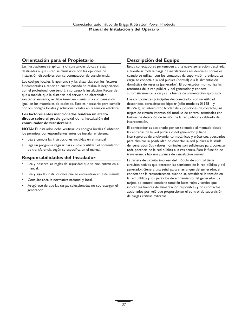 Orientación para el propietario, Responsabilidades del instalador, Descripción del equipo | Briggs & Stratton 01929-1 User Manual | Page 37 / 44