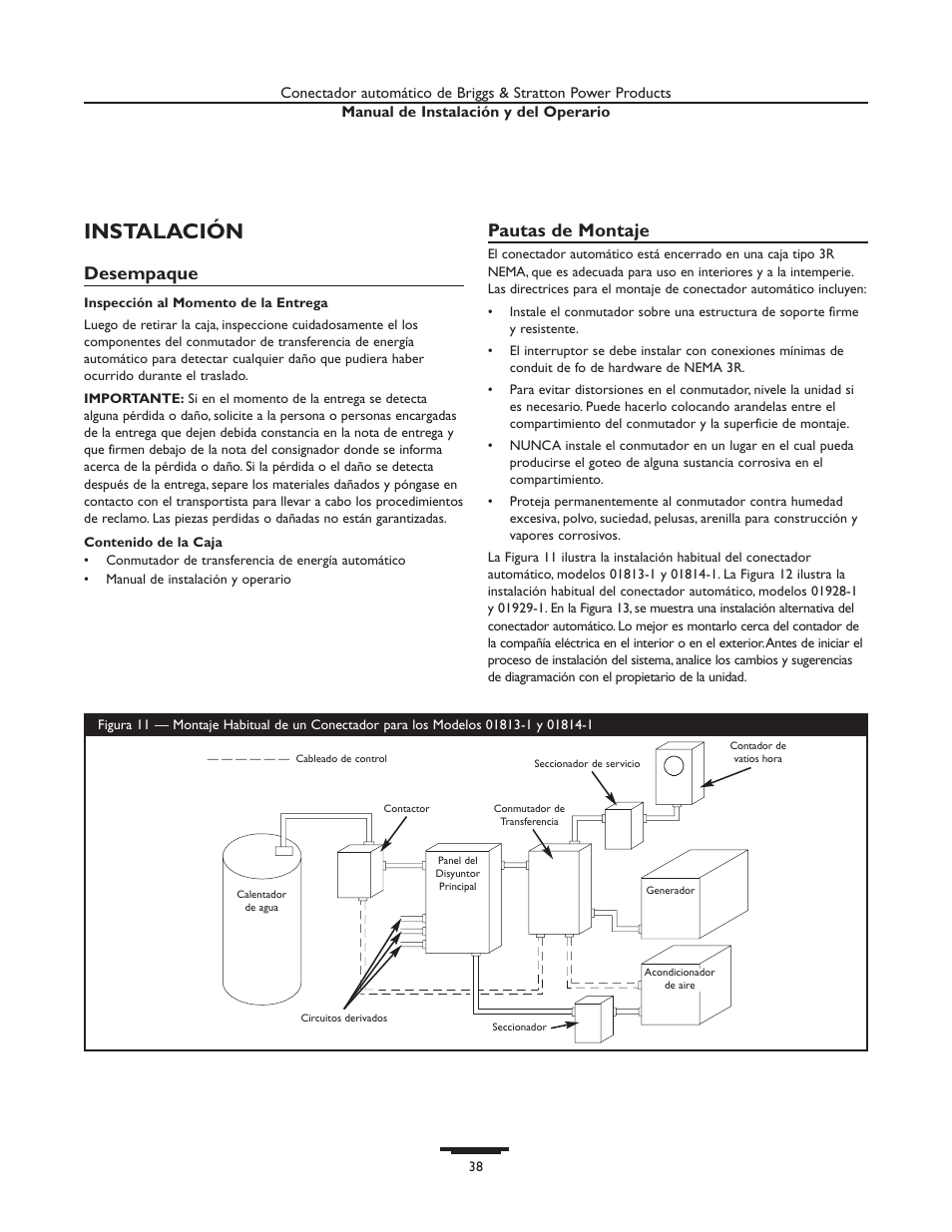 Instalación, Desempaque, Pautas de montaje | Briggs & Stratton 01929-1 User Manual | Page 38 / 44