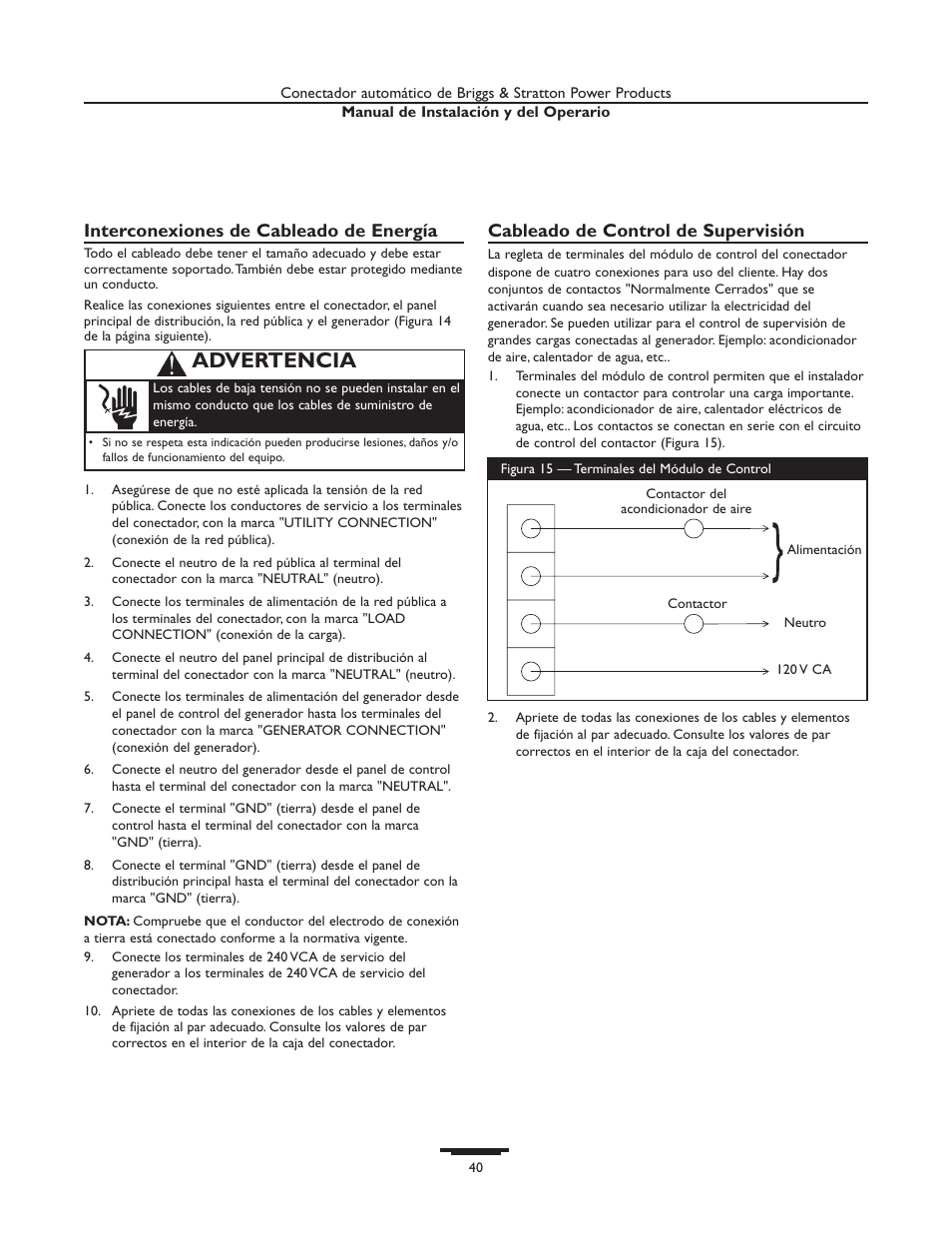 Advertencia, Interconexiones de cableado de energía, Cableado de control de supervisión | Briggs & Stratton 01929-1 User Manual | Page 40 / 44