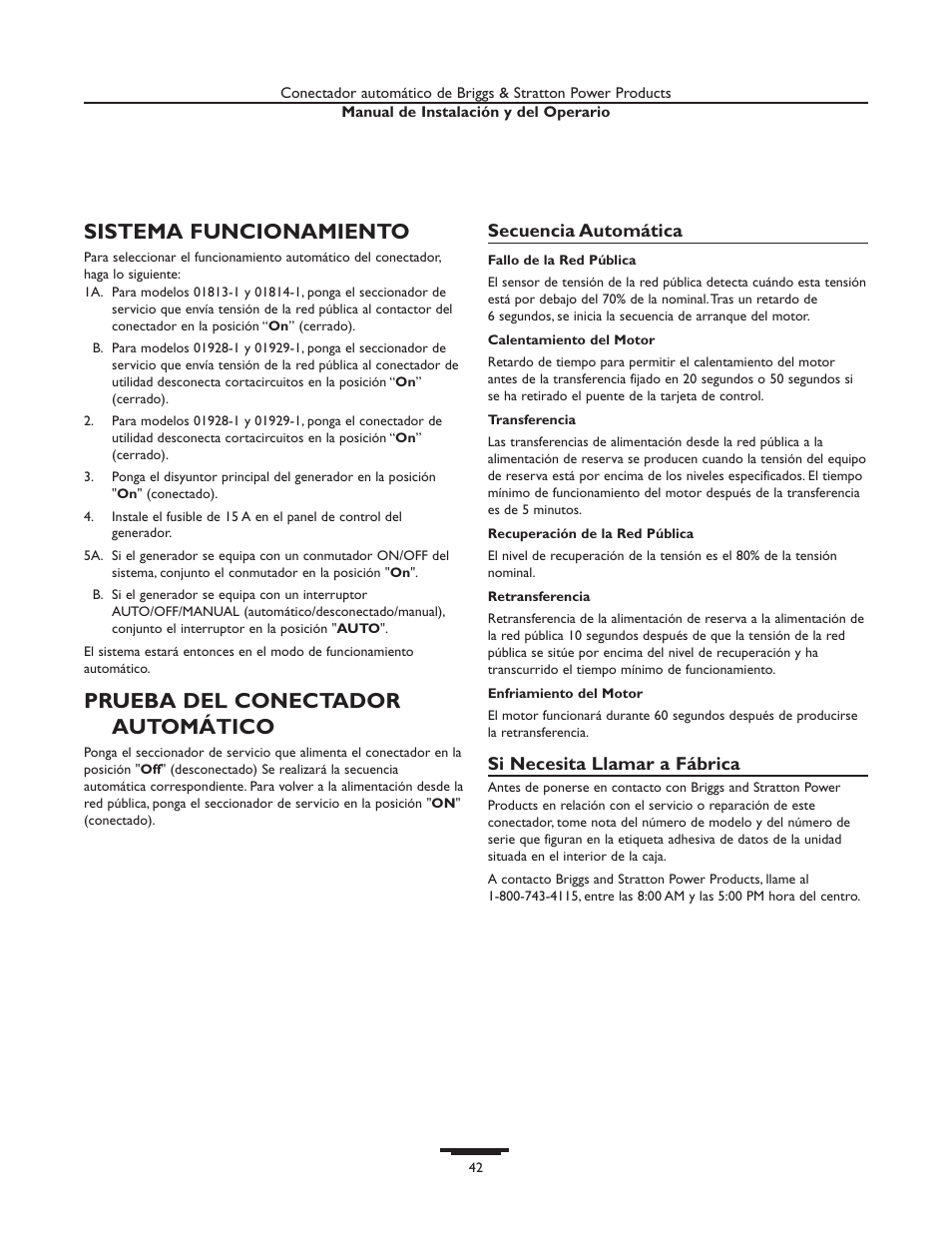 Sistema funcionamiento, Prueba del conectador automático | Briggs & Stratton 01929-1 User Manual | Page 42 / 44