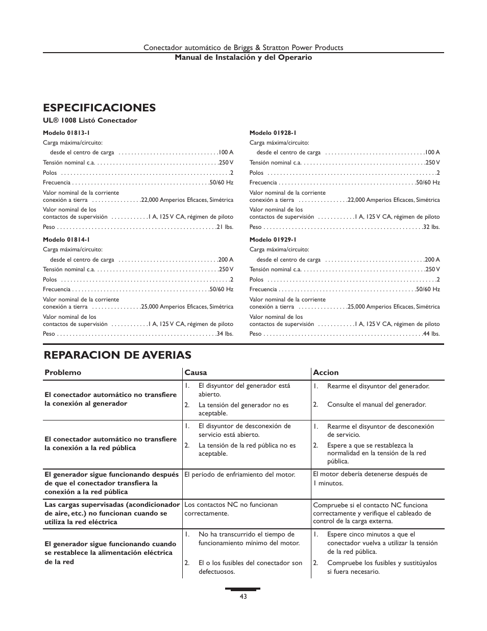 Reparacion de averias, Especificaciones | Briggs & Stratton 01929-1 User Manual | Page 43 / 44