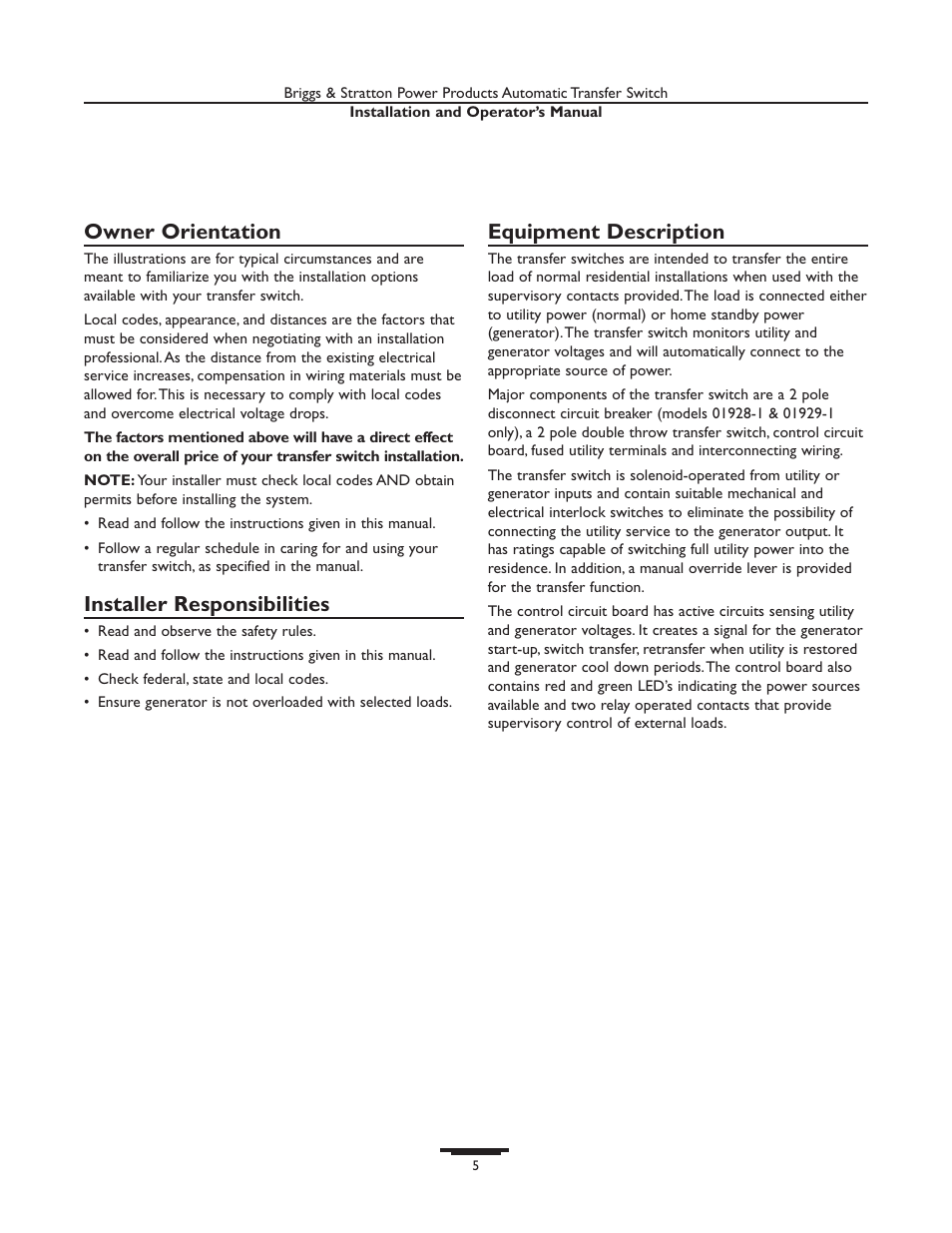 Owner orientation, Installer responsibilities, Equipment description | Briggs & Stratton 01929-1 User Manual | Page 5 / 44