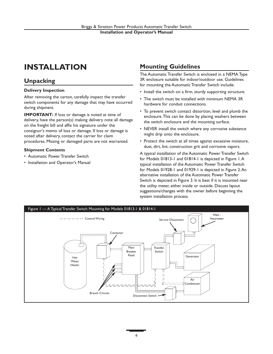 Installation, Unpacking, Mounting guidelines | Briggs & Stratton 01929-1 User Manual | Page 6 / 44