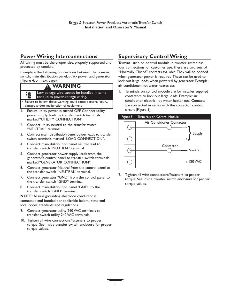 Power wiring interconnections, Supervisory control wiring, Warning | Briggs & Stratton 01929-1 User Manual | Page 8 / 44