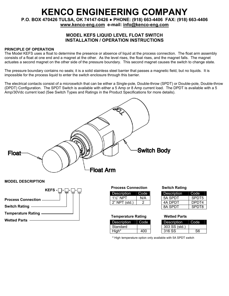 Kenco Engineering KEFS User Manual | 4 pages