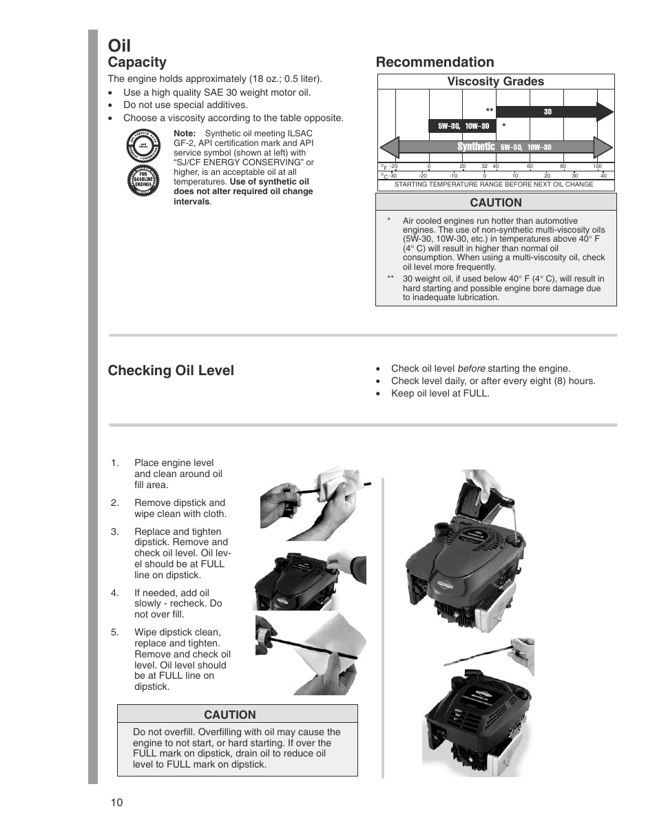 Capacity, Recommendation, Checking oil level | Viscosity grades, Caution | Briggs & Stratton THE POWER WITHIN 600 SERIES User Manual | Page 10 / 20