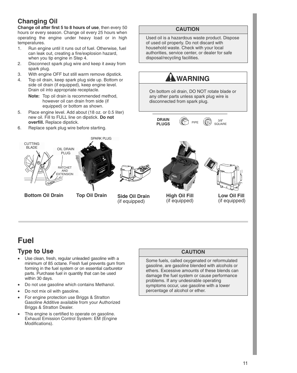 Fuel, Warning, Changing oil | Type to use | Briggs & Stratton THE POWER WITHIN 600 SERIES User Manual | Page 11 / 20