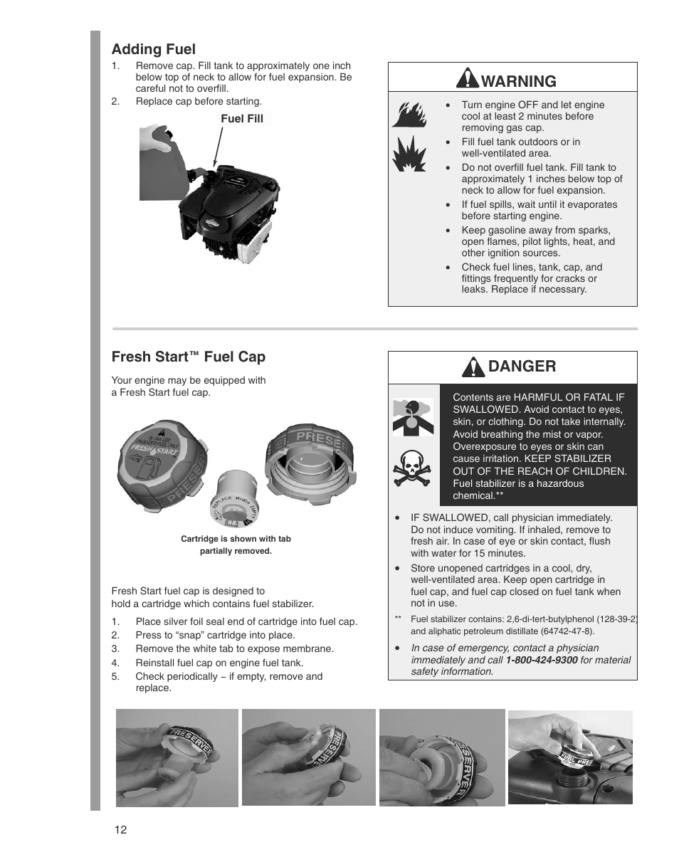 Warning, Danger, Adding fuel | Fresh start e fuel cap | Briggs & Stratton THE POWER WITHIN 600 SERIES User Manual | Page 12 / 20