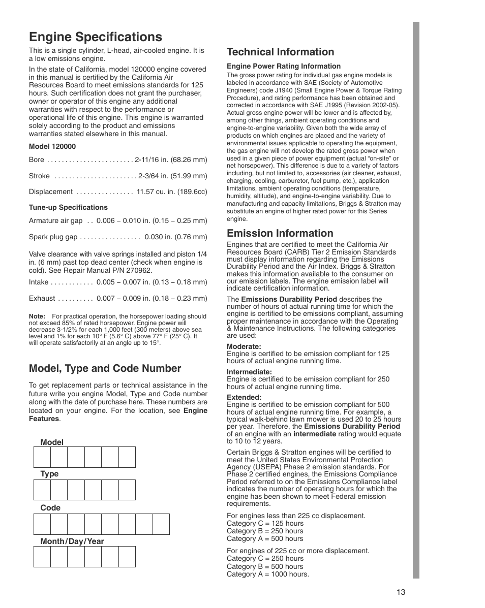 Engine specifications, Model, type and code number, Technical information | Emission information | Briggs & Stratton THE POWER WITHIN 600 SERIES User Manual | Page 13 / 20