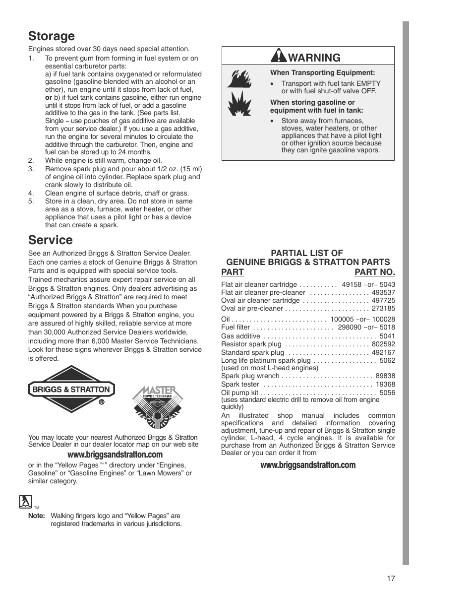 Storage, Service, Warning | Briggs & Stratton THE POWER WITHIN 600 SERIES User Manual | Page 17 / 20