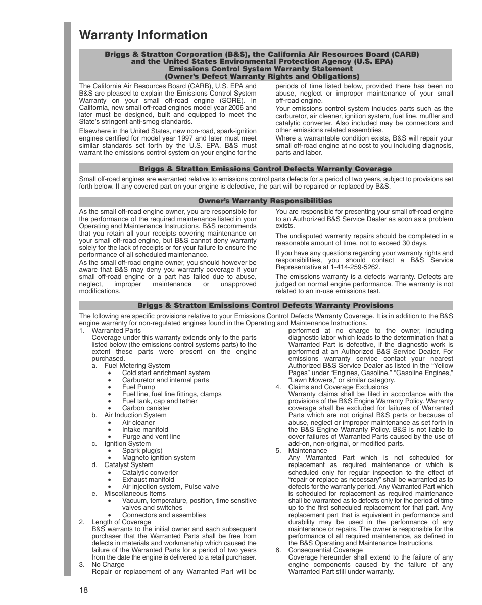 Warranty information | Briggs & Stratton THE POWER WITHIN 600 SERIES User Manual | Page 18 / 20