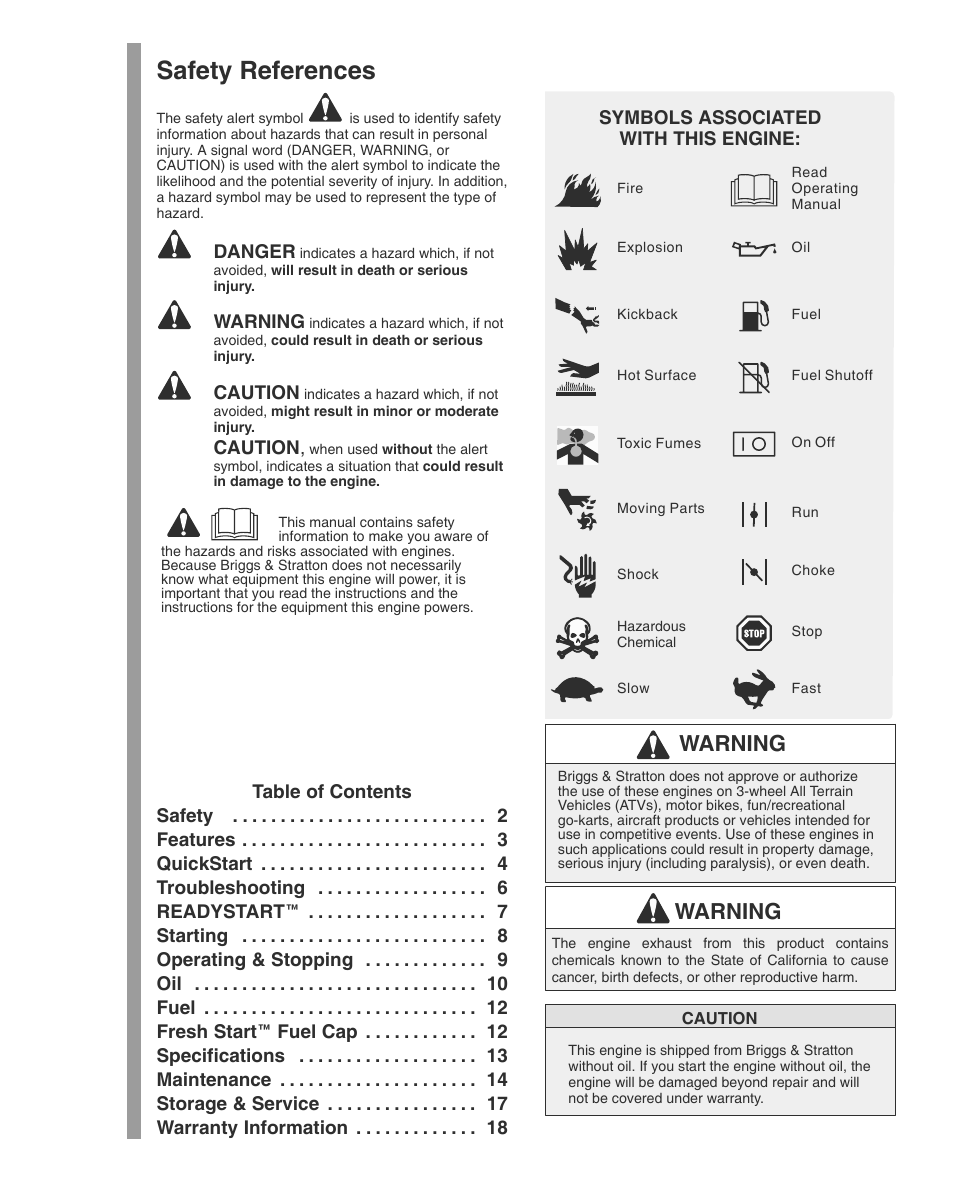 Safety references, Warning | Briggs & Stratton THE POWER WITHIN 600 SERIES User Manual | Page 2 / 20