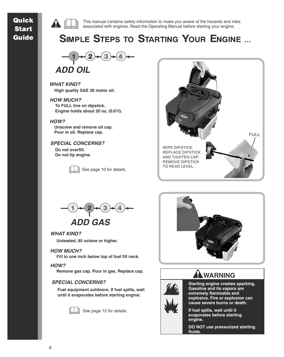 Add oil, Add gas, Warning | Briggs & Stratton THE POWER WITHIN 600 SERIES User Manual | Page 4 / 20