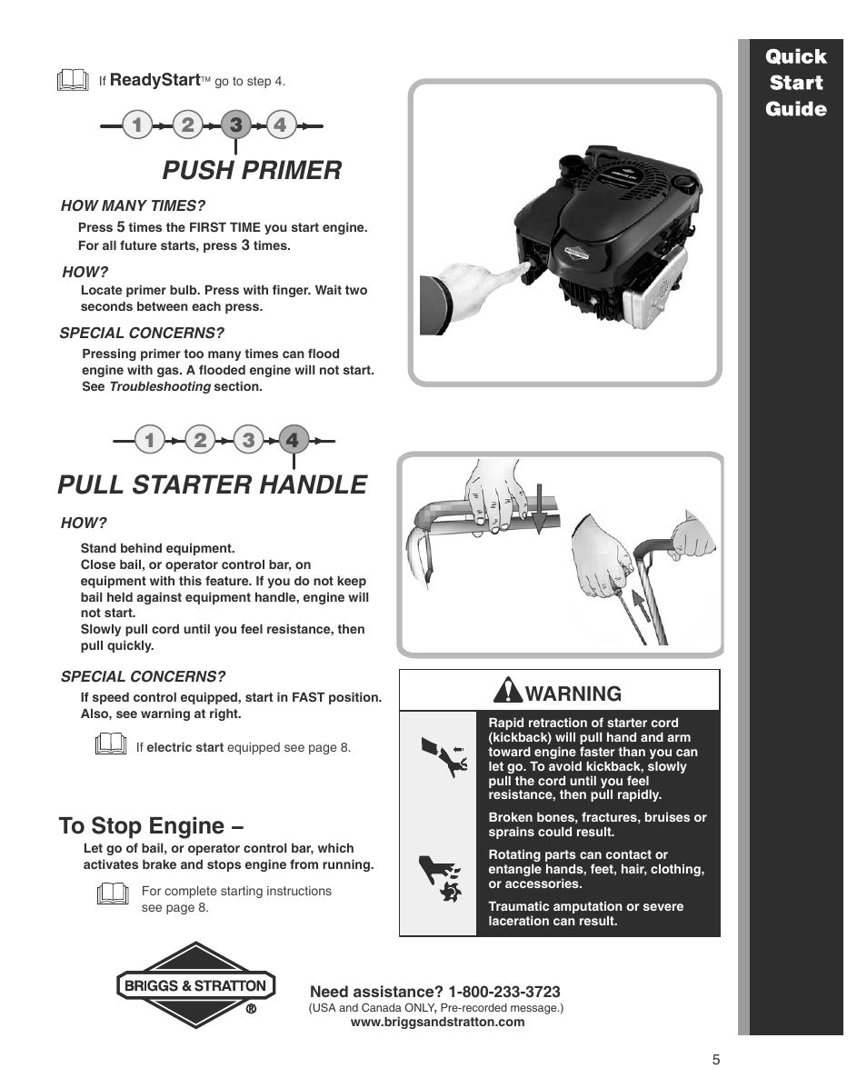 Push primer, Pull starter handle, Warning | Briggs & Stratton THE POWER WITHIN 600 SERIES User Manual | Page 5 / 20