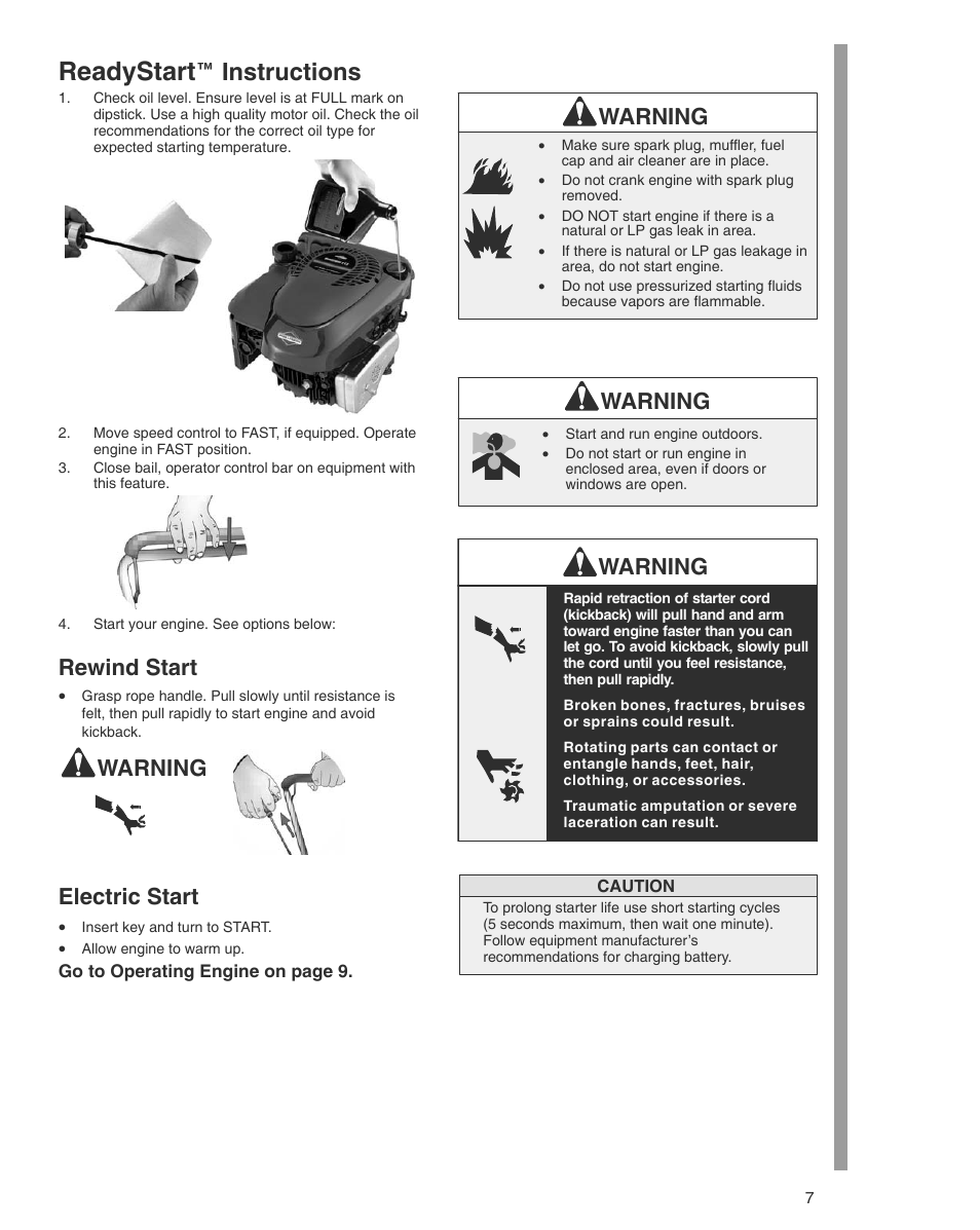 Readystart, E instructions, Rewind start | Warning electric start, Warning | Briggs & Stratton THE POWER WITHIN 600 SERIES User Manual | Page 7 / 20