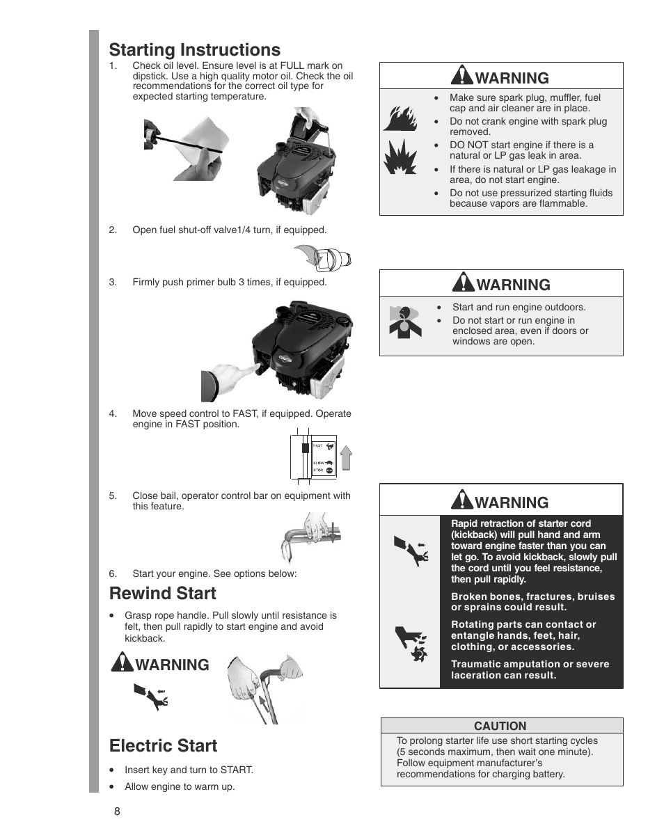 Starting instructions, Rewind start, Electric start | Warning | Briggs & Stratton THE POWER WITHIN 600 SERIES User Manual | Page 8 / 20