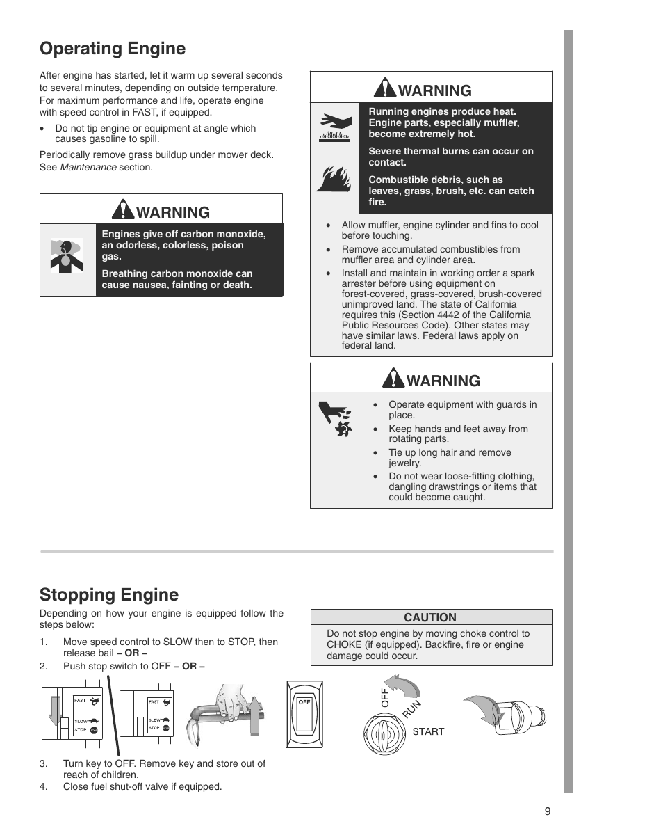 Operating engine, Stopping engine, Warning | Briggs & Stratton THE POWER WITHIN 600 SERIES User Manual | Page 9 / 20