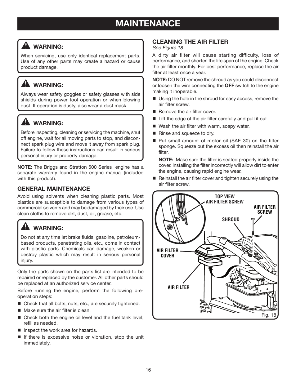 Maintenance | Briggs & Stratton HU80530 User Manual | Page 16 / 22