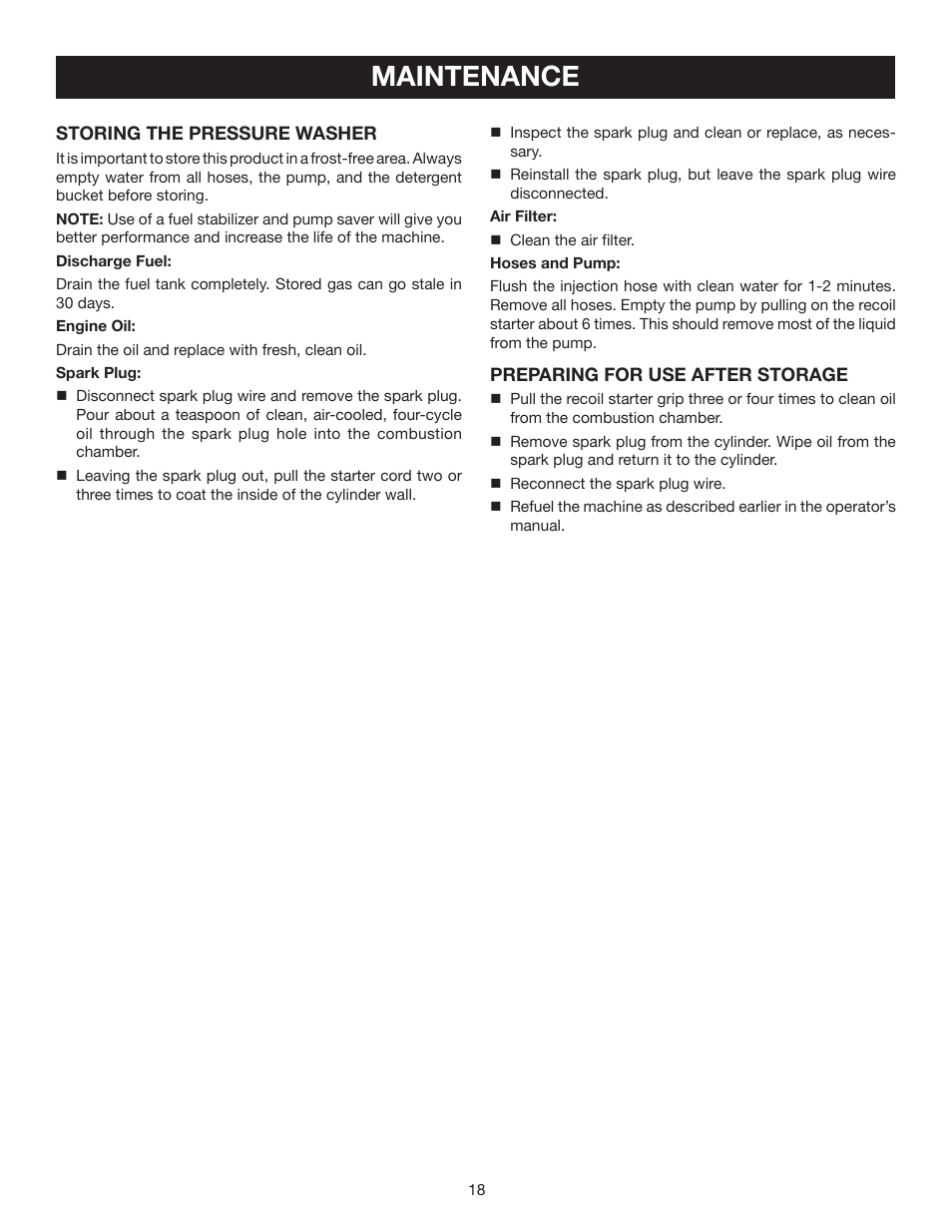 Maintenance | Briggs & Stratton HU80530 User Manual | Page 18 / 22