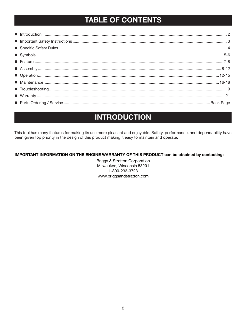 Table of contents introduction | Briggs & Stratton HU80530 User Manual | Page 2 / 22