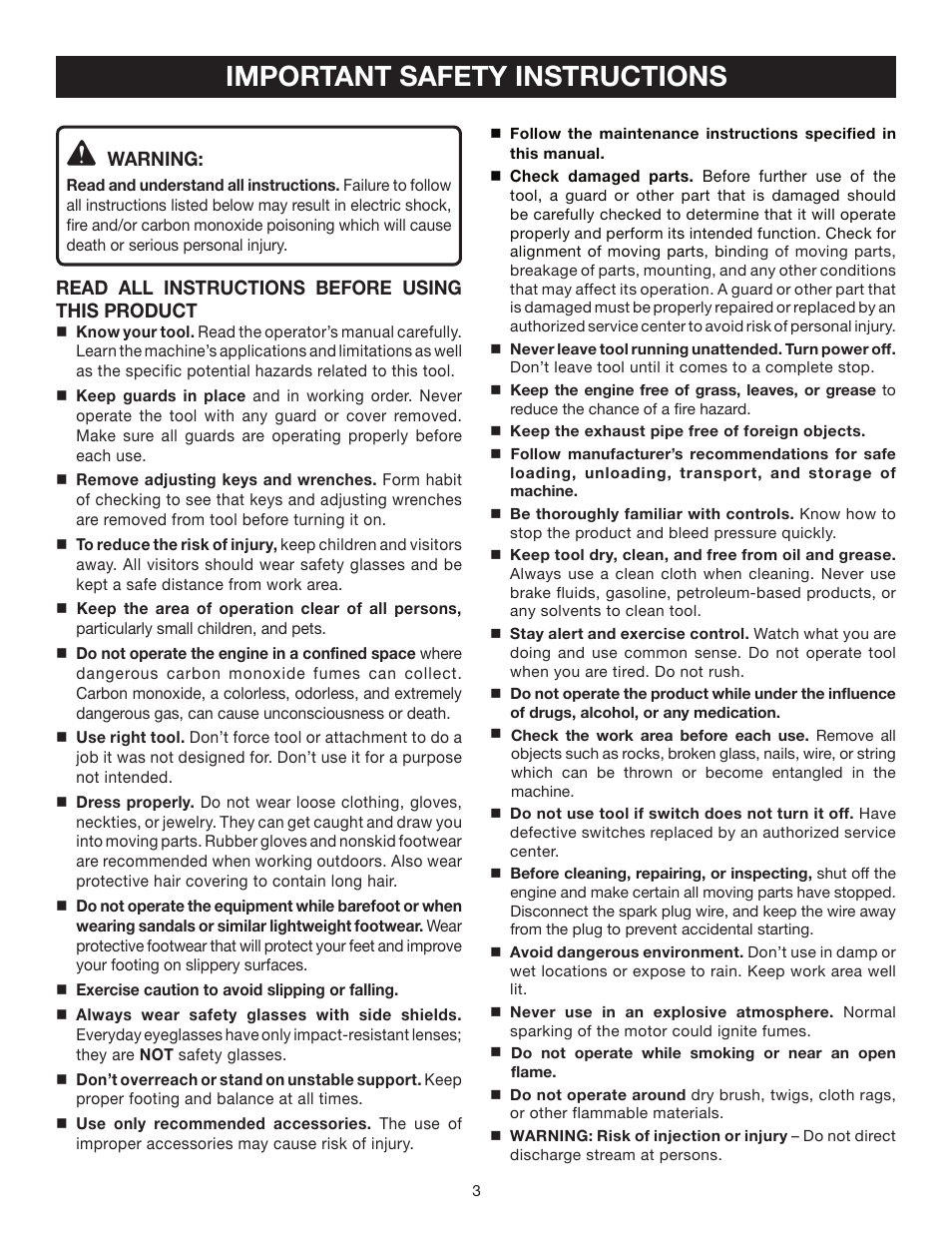 Important safety instructions | Briggs & Stratton HU80530 User Manual | Page 3 / 22