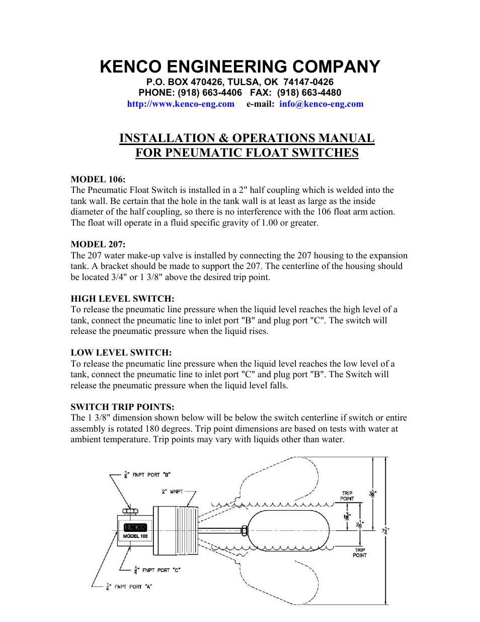 Kenco Engineering Pneumatic Float Switch User Manual | 2 pages